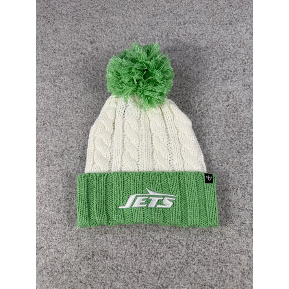 New York Jets NFL 47 Brand Womens Meeko Cable Knit Beanie Pom Hat Green White